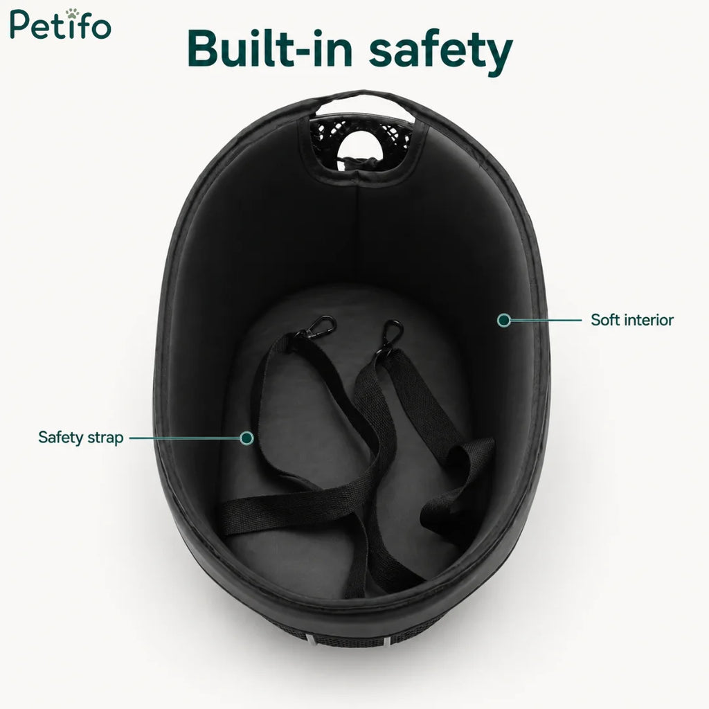 Top-down view of the Petifo bicycle pet basket highlighting the soft interior lining and integrated safety straps.