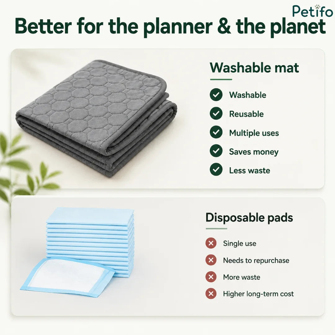 Comparison chart highlighting the economic and environmental benefits of using a washable pet mat over disposable pads.