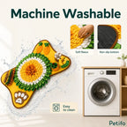 Promotional graphic demonstrating that the yellow snuffle mat is machine washable, features soft fleece, and has a non-slip backing.