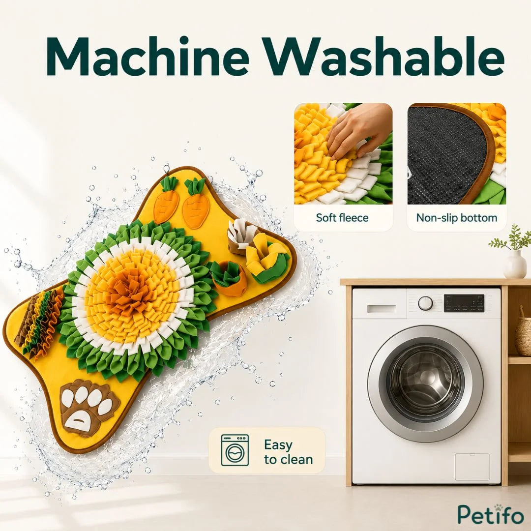 Promotional graphic demonstrating that the yellow snuffle mat is machine washable, features soft fleece, and has a non-slip backing.