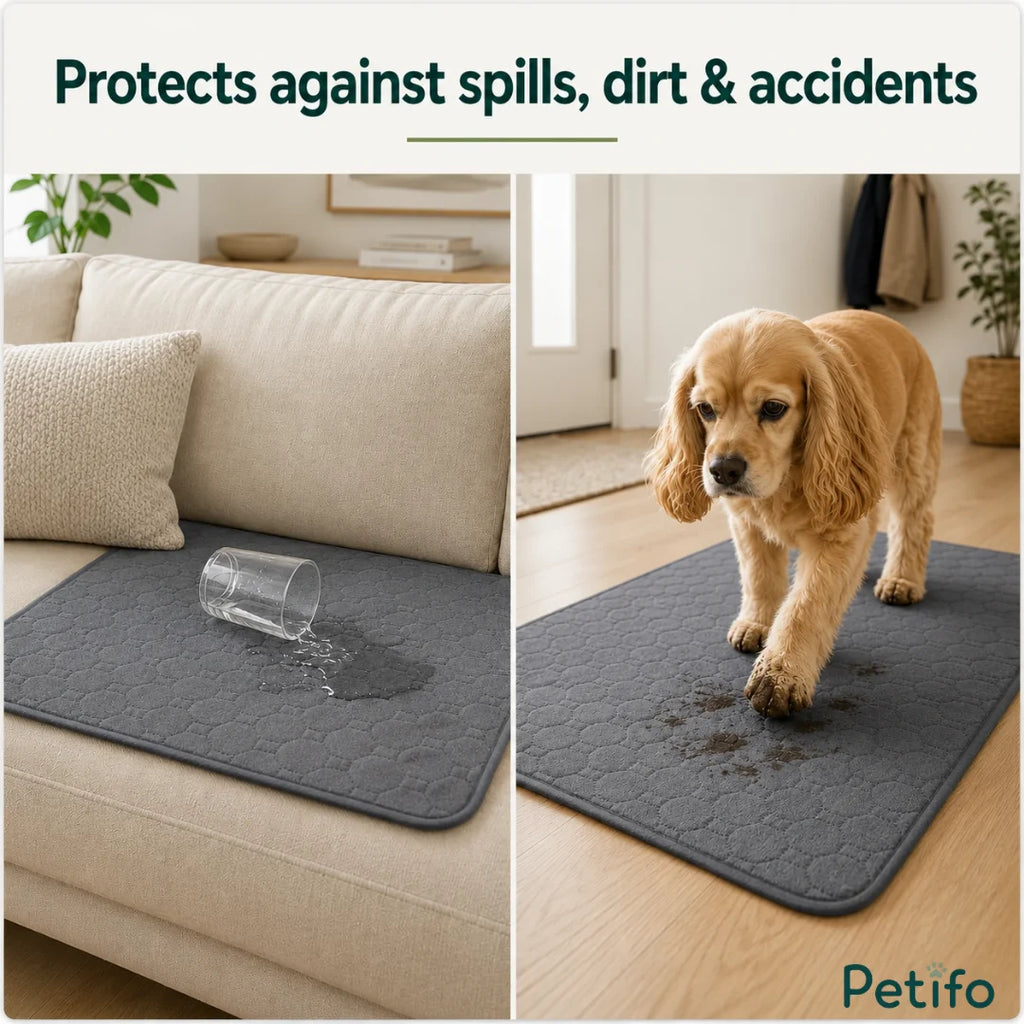 Demonstration showing the waterproof pet mat protecting a sofa from spilled liquid and floors from muddy paws.
